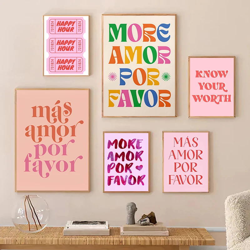 Modern Style More Mas Amor Por Favor Spanish Quote Canvas Prints Poster Print Pink Painting Bedroom Picture Decoration No Frame