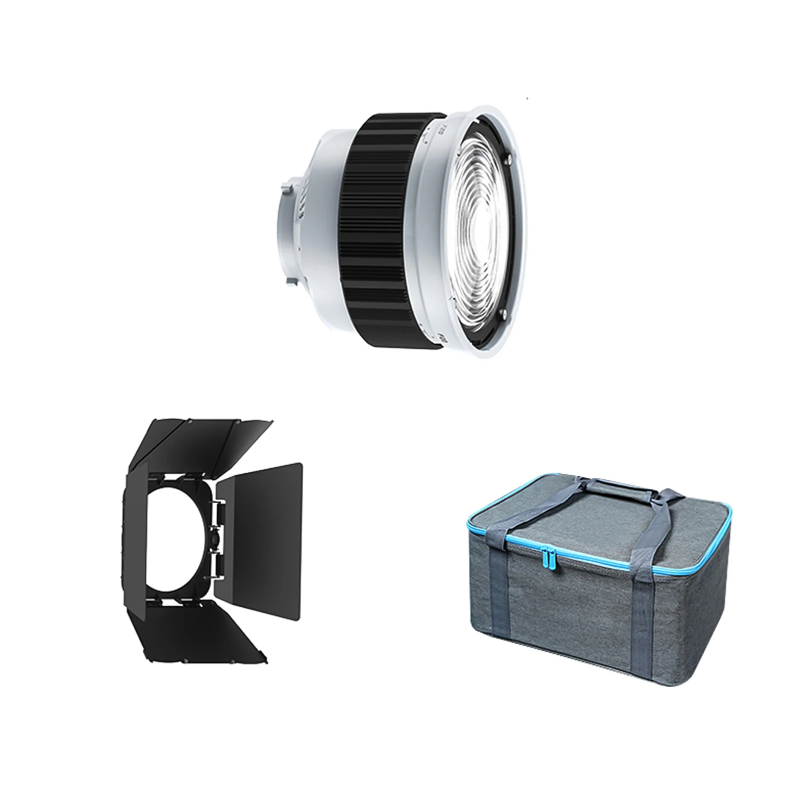 Fresnel-lens voor Bowens-bevestiging 10 ° - 45 °   Optische focus, 10x helderder, met afneembare 4-bladige lichtscheiding voor studiocontinu licht.