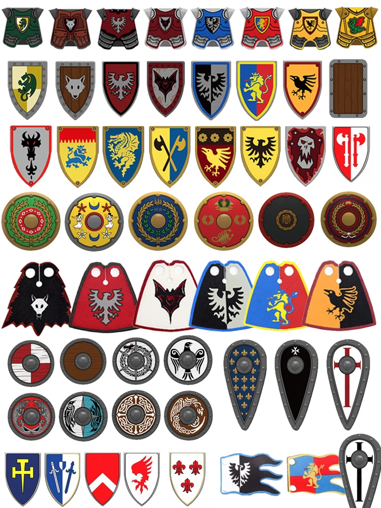 MOC – blocs de construction médiévaux, figurines de chevalier de château, manteau d'armure de drapeau, accessoires de soldat de la saint Rome antique, jouets en briques, cadeau pour enfants
