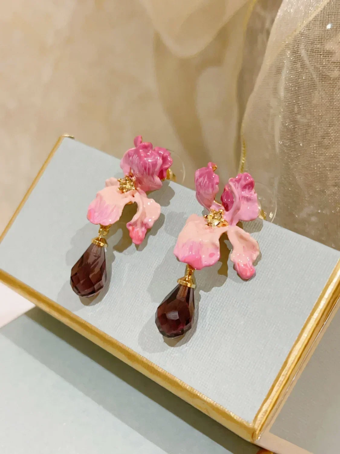 Iris Serie Roze Bloem Gradiënt Ster Diamant Paarse Diamant Oorbellen Oorknopjes Oorknopjes Oortjes