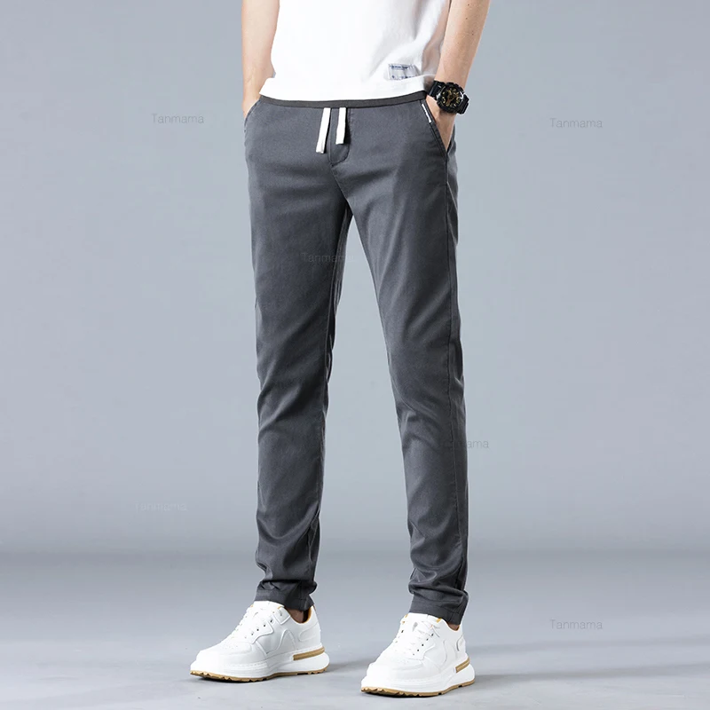 Spring Summer Thin Lyocell Men's Casual Pants Slim Straight Elastic Waist Soft Cosy Korean Fashion Business Trousers Black Gray