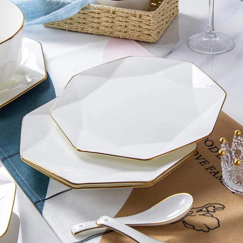 Phnom Penh Octagonal Steak Flat Plate Light Luxury Bone China Tableware Western Dinner Plate Household Kitchen Plates Sets