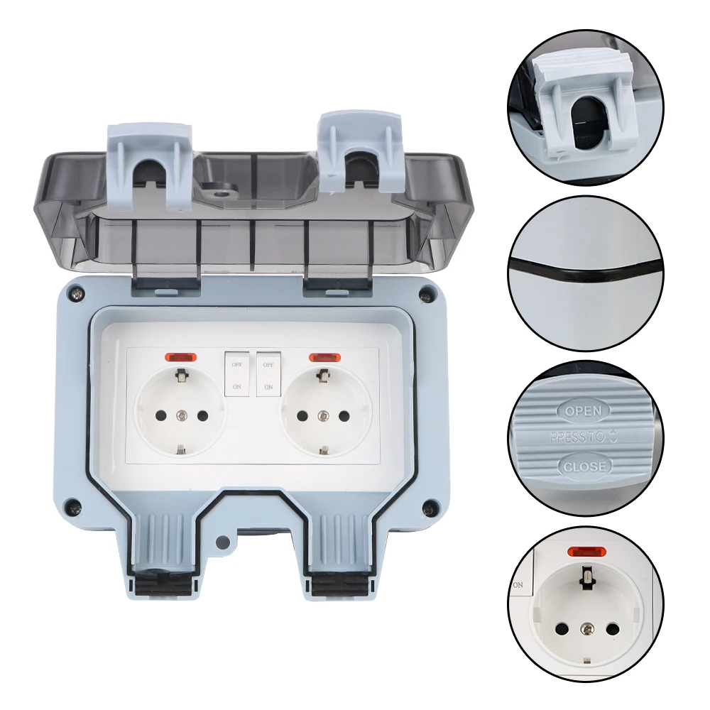 Double EU Socket AC 110~240V Power Supply Switch Socket 16A for Home& Garden IP66 Weatherproof Outdoor Wall Power Socket