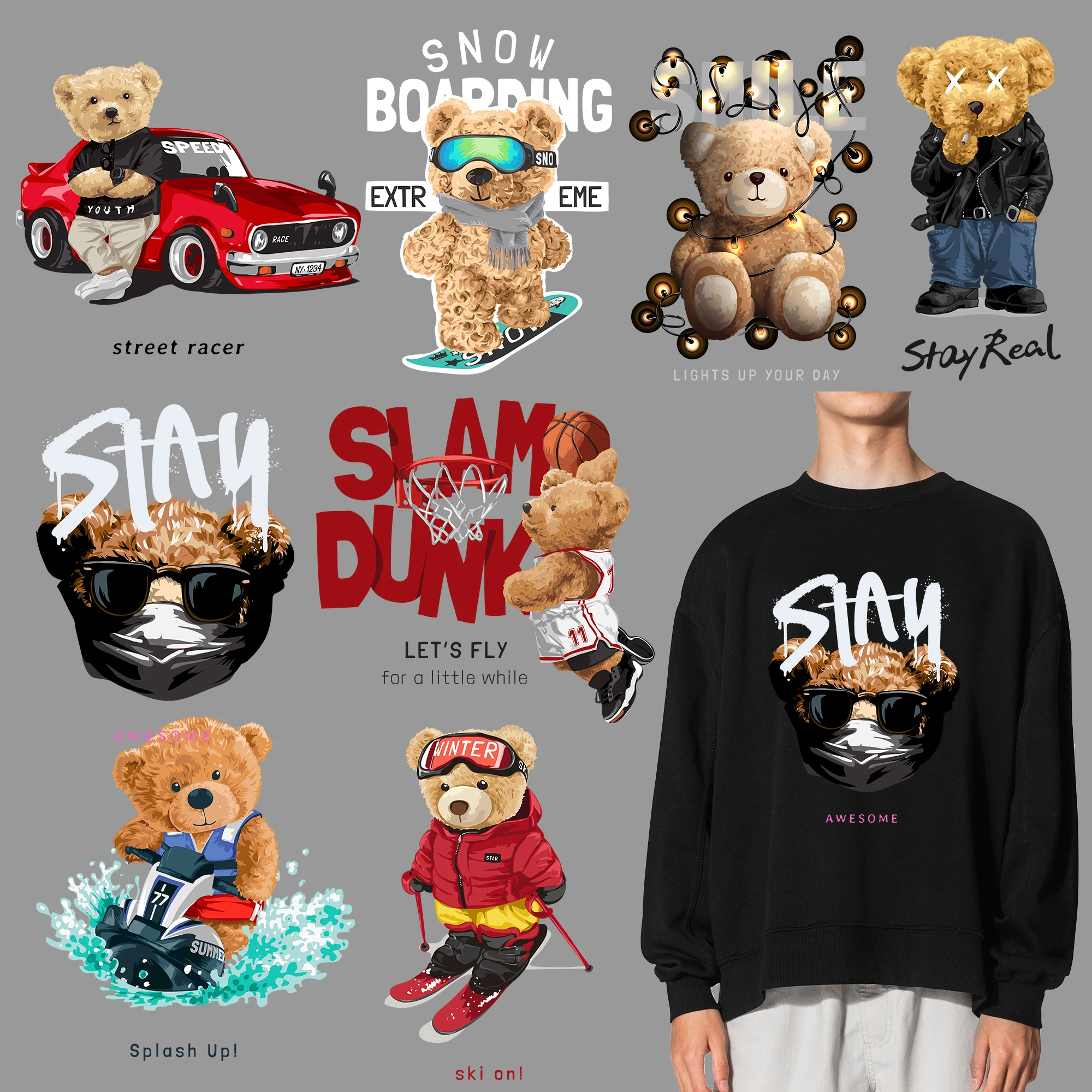 Hip Hop Rock Bear Patch Iron on Transfers for Clothing Thermoadhesive Patches on Clothes Teddy Bear Thermal Stickers on T Shirts