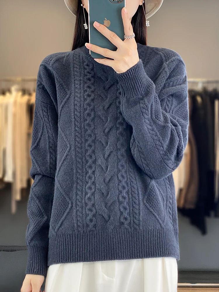 High-quality Autumn Winter Thick Women Sweater 100% Merino Wool O-Neck Pullover Twist Flower Long Sleeve Knitwear Women Clothes