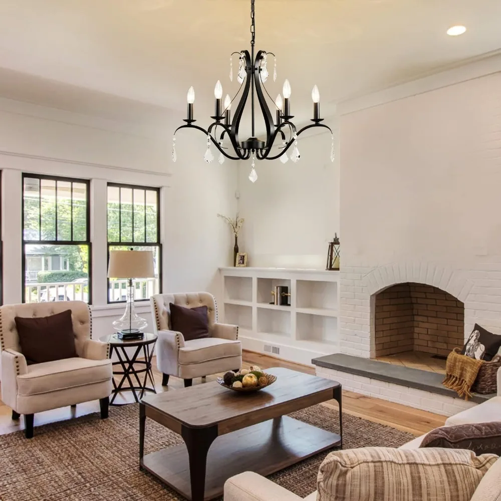 ثريا سوداء مقاس 24 بوصة للمزرعة: ثريات حديثة لغرفة الطعام، 8 ثريا كريستالية سوداء فاتحة #4