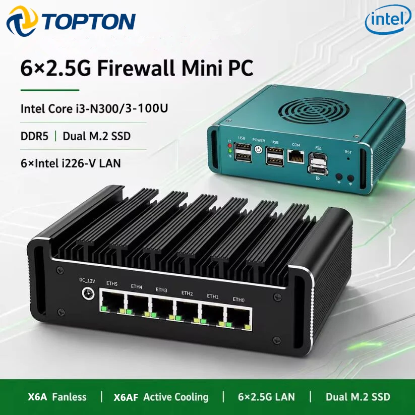 Topton 6x2.5G LAN Metal Firewall Mini PC Intel i3 N300 3 100U N100 i226-V DDR5 2xNVMe 2.5''SATA ESXi Proxmox NAS PC Home Server