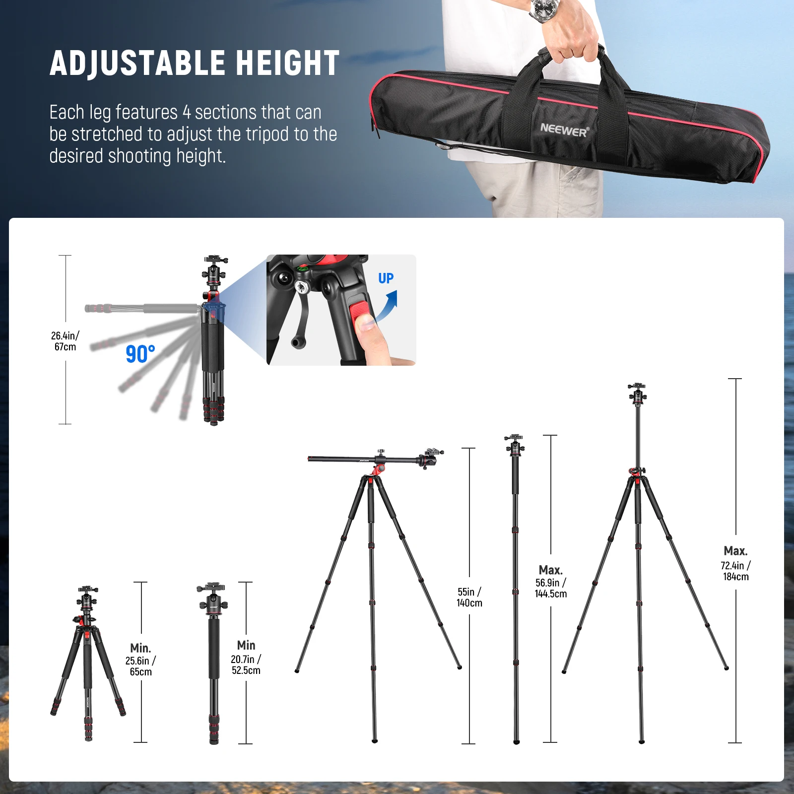 Neawer 72 Inch Camera Driepoot Monopod Met Middenkolom En Balhoofd Aluminium, Arca Type Qr Plaat Voor Dslr Camera