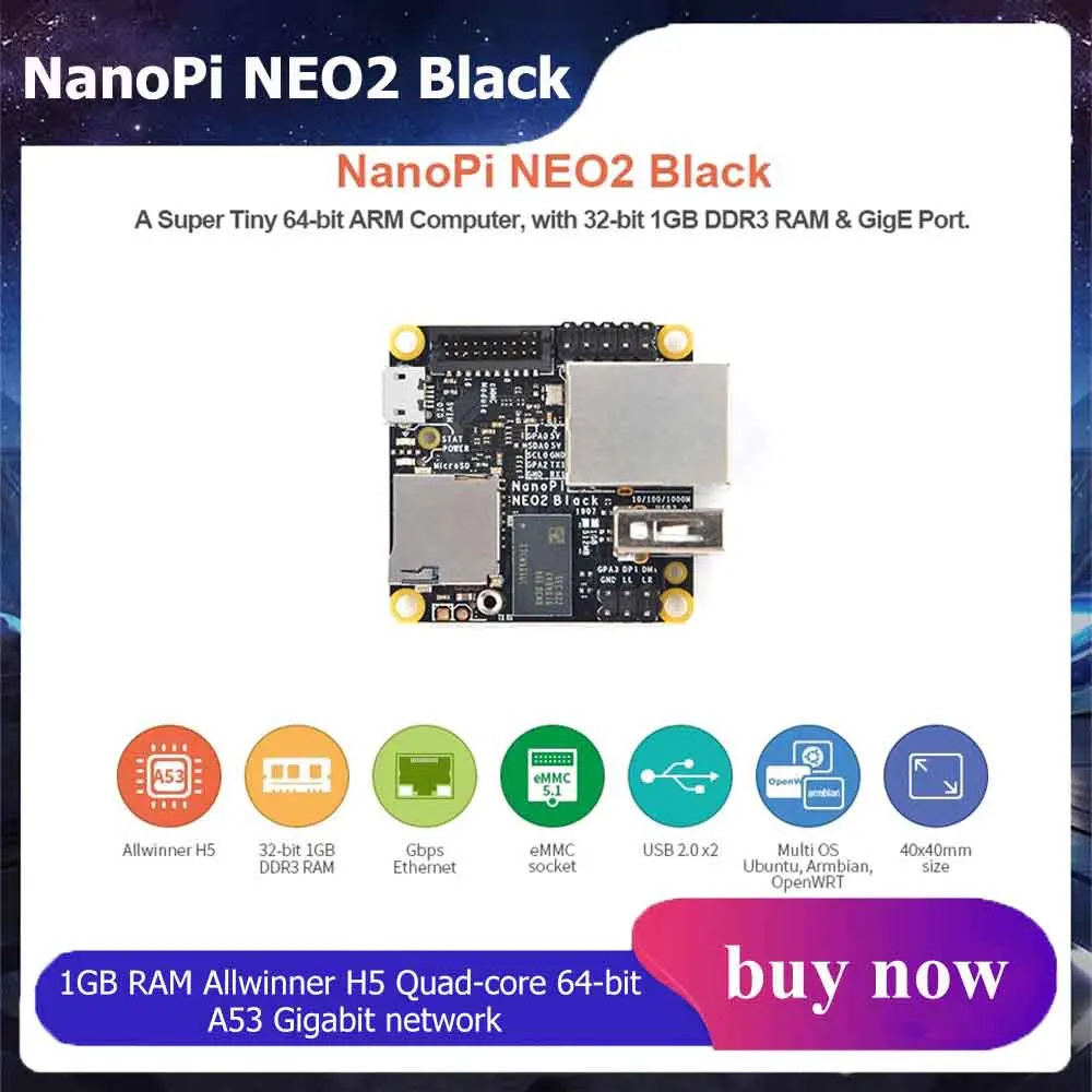 NanoPi NEO2 Black 1GB RAM Allwinner H5 board quad-core 64-bit A53 Gigabit network Support Ubuntu, Armbian,OpenWRT