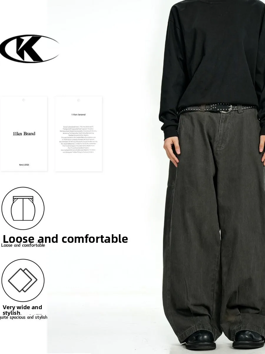 

Retro American Sle Knife Wide Leg Casual Pants ex Deconstructed Design Sense Rivet Loose 3D Slimming Long Trousers