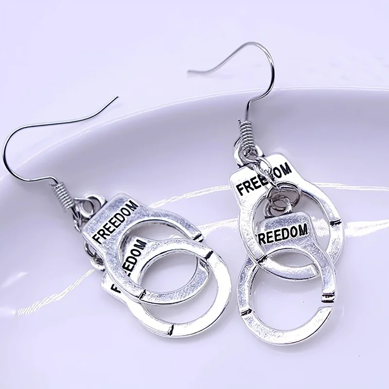 1Pair Punk Letters FREEDOM Handcuffs Hanging Earrings for Women Men DIY Jewelry Trendy Accessories Gifts Cool Thing 2024 Trend