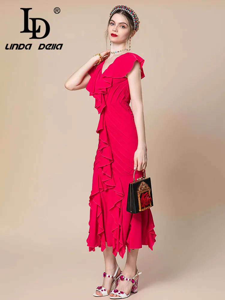 Imagem -05 - Linda Della-vestido para Mulheres Rosa Vermelho Decote em v Slim Fit Plissado Listrado Irregular Viagem Moda Verão ld