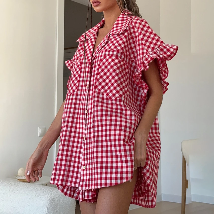 Women's Plaid Button-Up Shirt and High-Waist Shorts Two-Piece Set