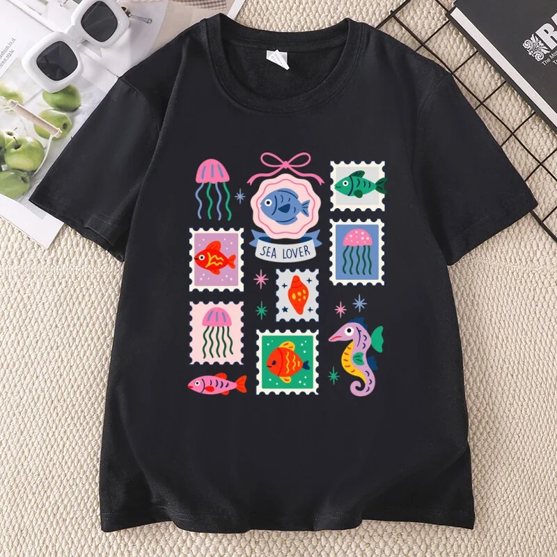 Sea Fish Creatures T Shirt Boho Marine Life Graphic Tee Casual Round Neck Printed Sea Lover Retro Top Hippie Summer Crew Neck