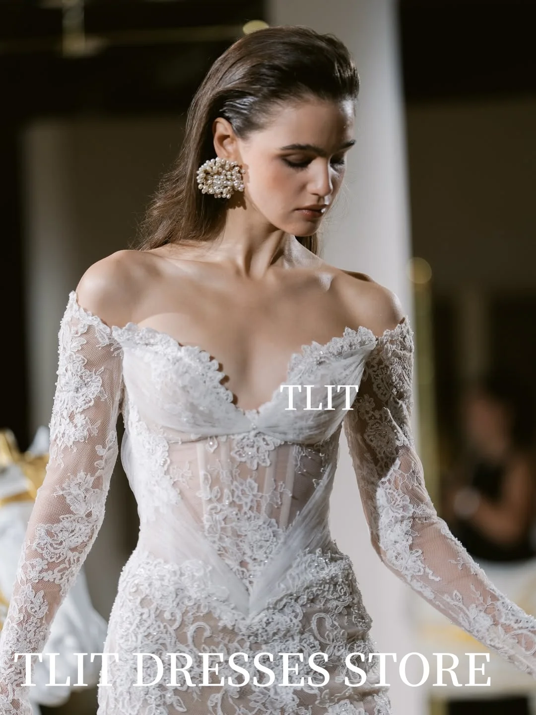 TLIT Vintage Ivory Lace Mermaid Wedding Dresses Customized Sweetheart  فساتين زفاف Off Shoulder Long Sleeve Bridal Gow