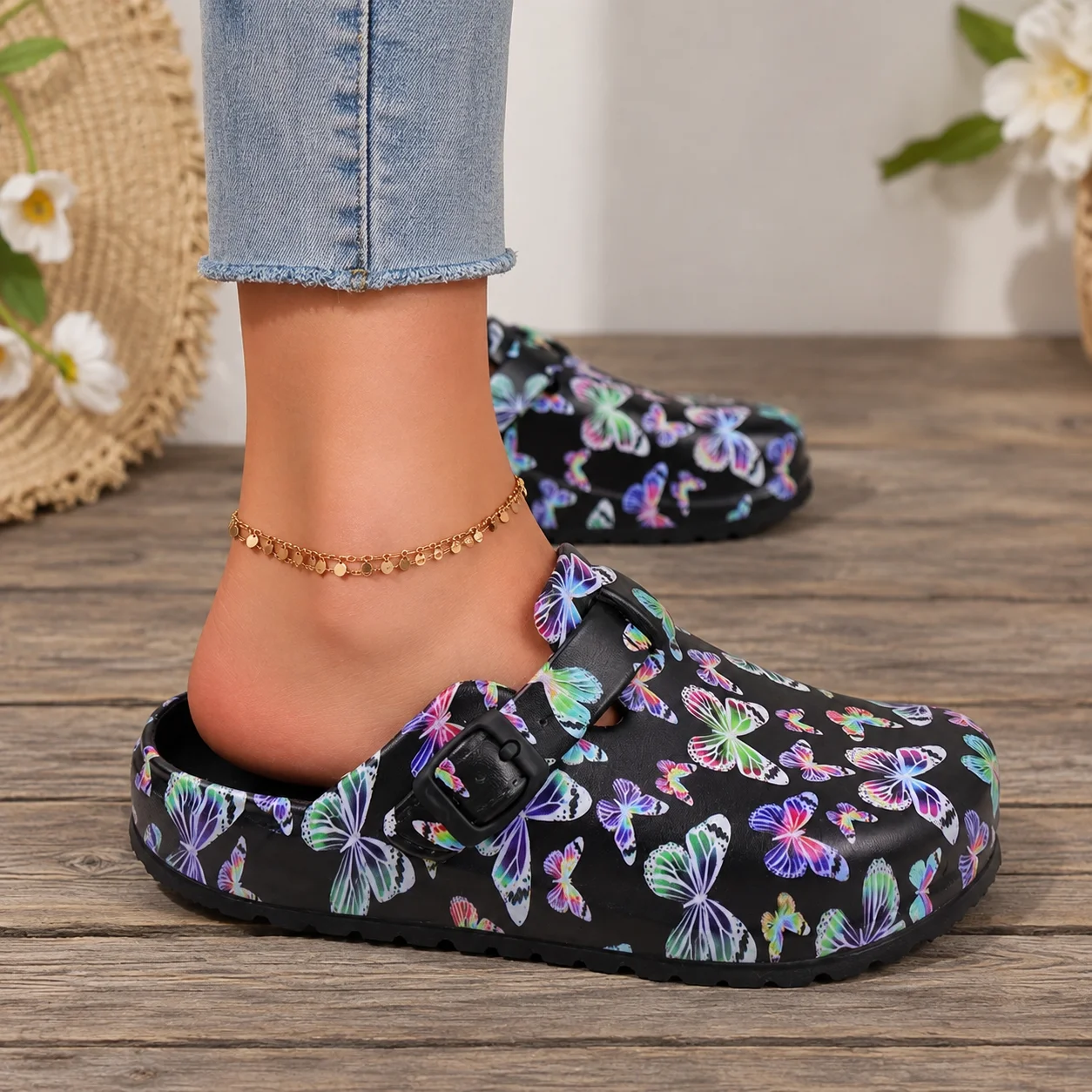Women's Printed Clogs with Adjustable Buckle Closed Toe Lightweight Casual Slip On Shoes