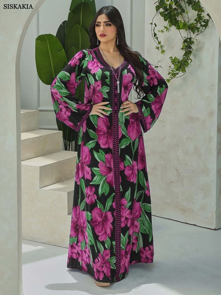 Dresses For Women 2023 Muslim Ethnic Floral Print New Abaya Diamonds Long Sleeve Maxi Dress Djellaba Marocaine