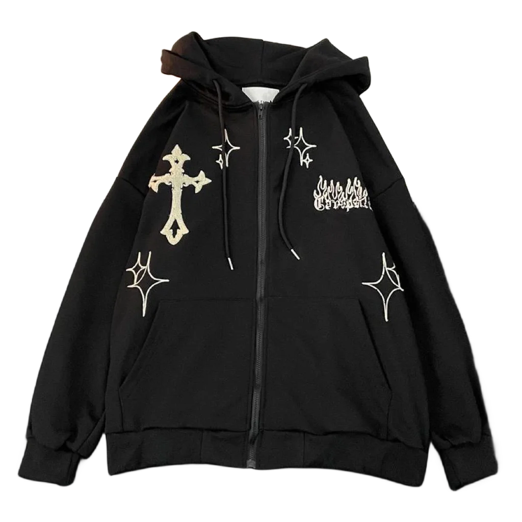 Cardigan hooded sweater embroidered cross spring and autumn American hip-hop couple loose fitting vintage top cross for men and