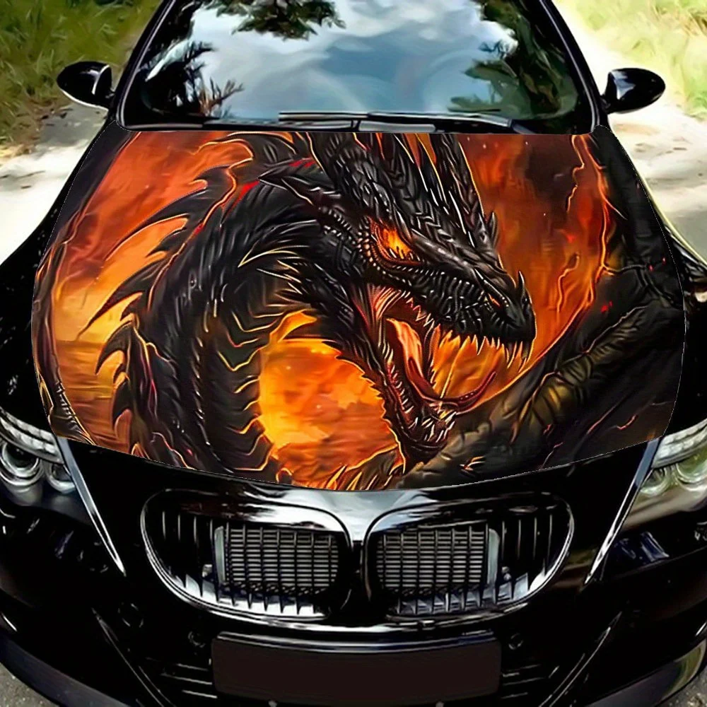 

Black Dragon in Fire Design Car Cover Coating, PVC Waterproof Car Cover Stickers, Self Adhesive Scratch Resistant Stickers, Used