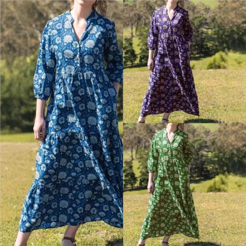 Boho Women's Casual Dress Autumn Spring New Vintage Printed V-neck Three-quarter Sleeve Loose A-line Dresses For Women Vestidos