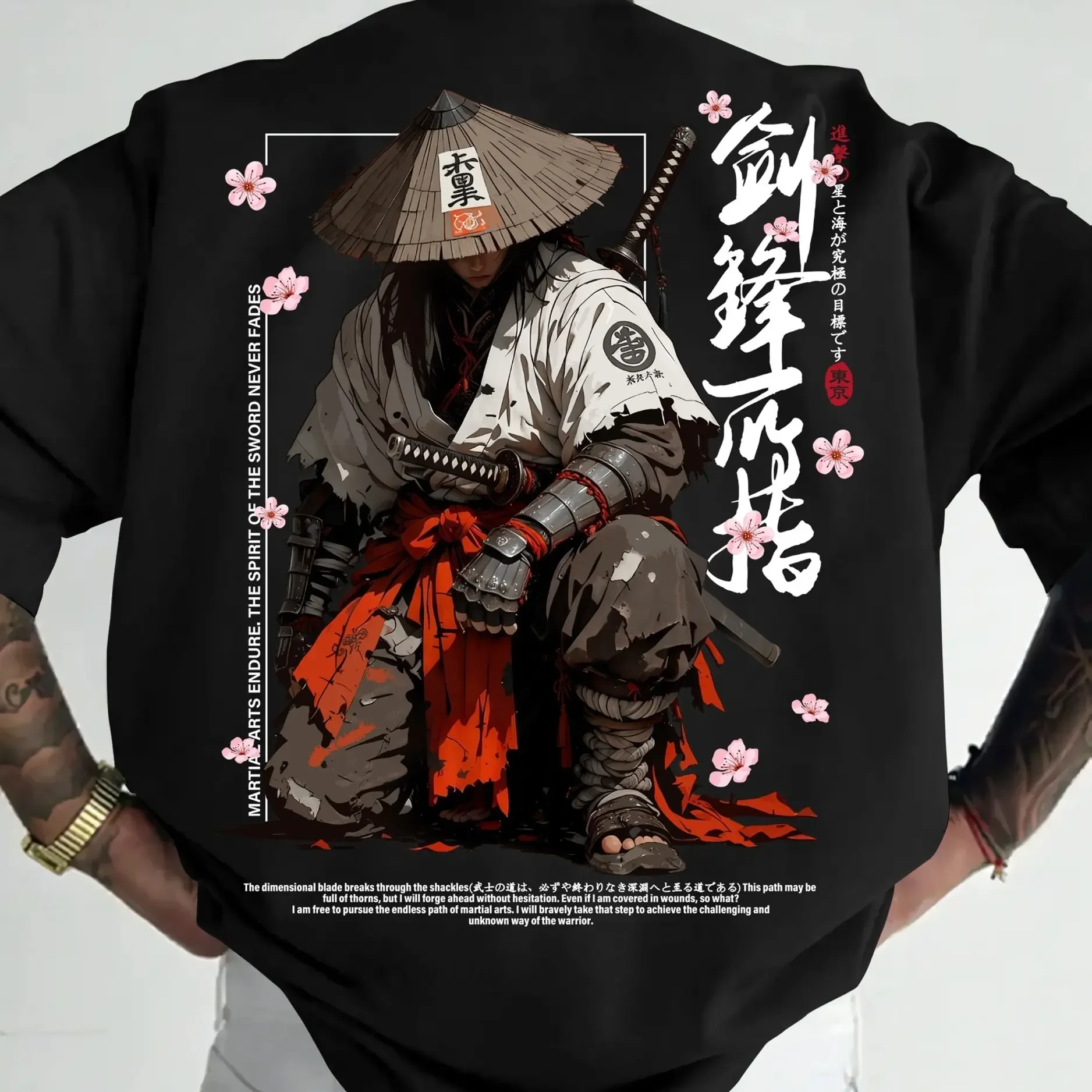 Men's Oversized Samurai T-Shirt Traditional Japanese Ronin with Straw Hat & Katana Print Soft Cotton Top for Street Style