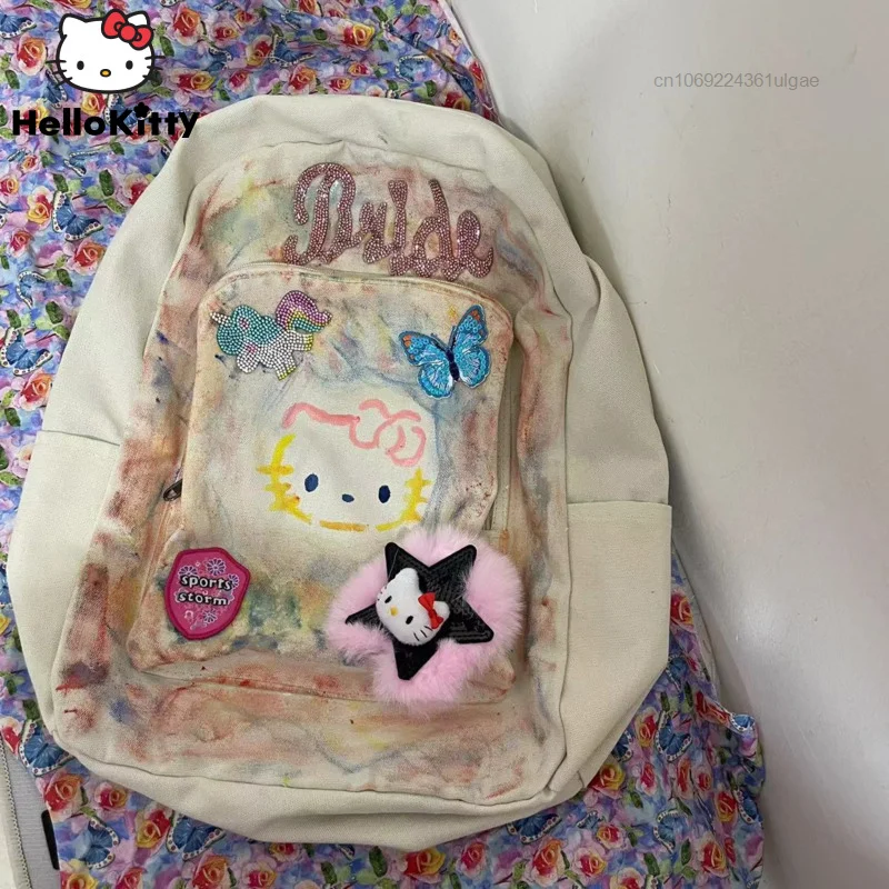 Sanrio Hello Kitty nowe torby Vintage kreatywne mody plecaki Y2k dziewczyna słodka podwójna torba na ramię kobiety malowane plecak kreskówka