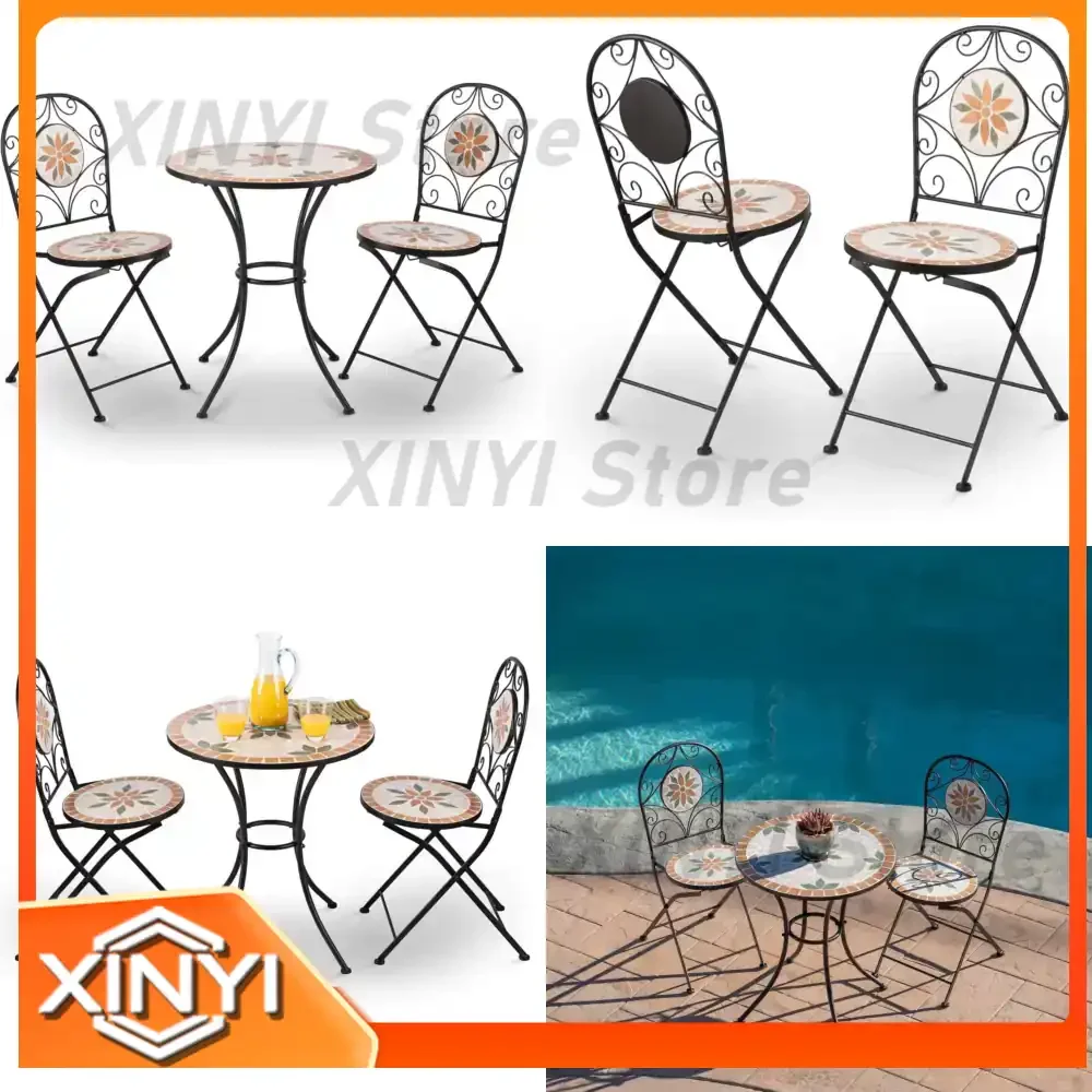Mosaic Iron Garden Table and Chair Set with Chinese Orange Floral Pattern for Outdoor Use