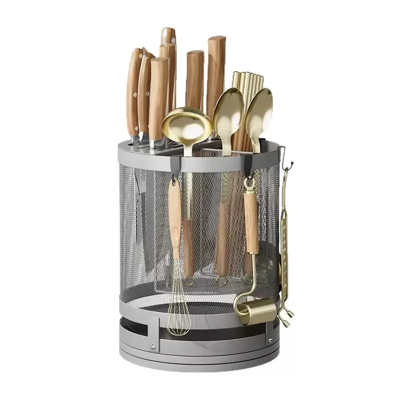 360-Degree Rotatable Modern Stainless Steel Knife Rack Floor Type Non-folding Kitchen Chopsticks/Spoon Storage Holders Racks