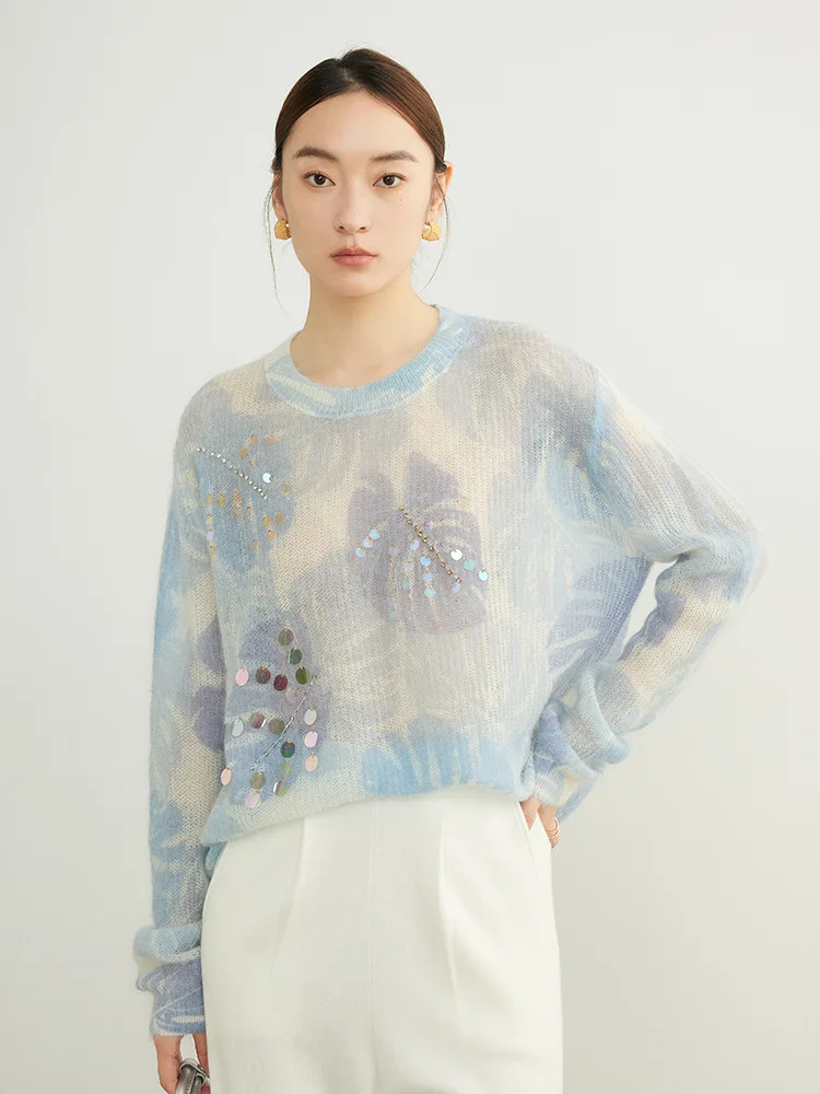 SuyaDream, Women Mohair Pullovers, Wool Blend Printed Sweaters, 2024 Fall Winter Fashionable Top, Blue