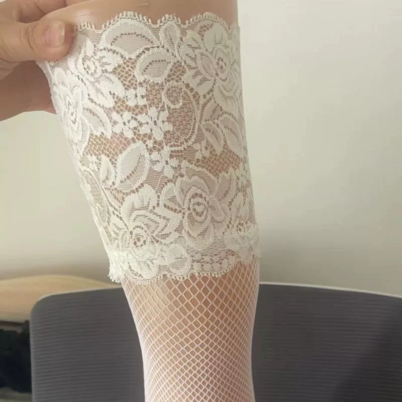 

12cm Wide Lace Top Silicone Stay Up Thigh High Medias Women Sexy Hollow Out See Through Fishnet Stockings Summer Streetwear