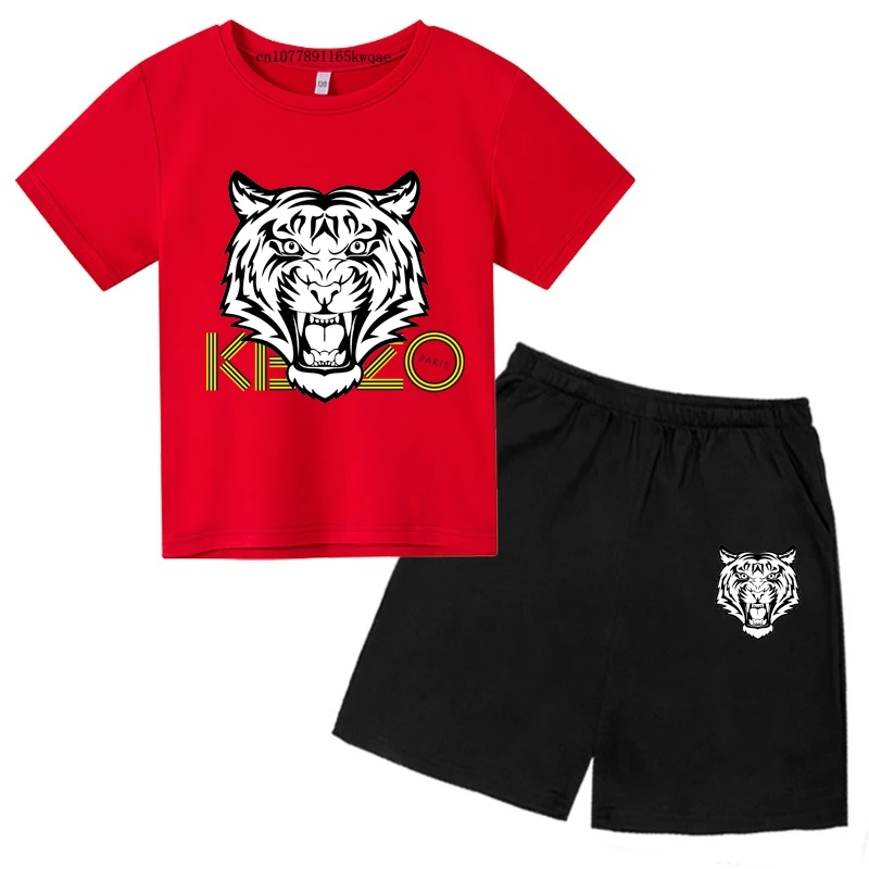 Tiger Head Kids Summer 2pcs Leisure Breathable T-shirts+Pants Sports Suits 3-13Years Boys Girls Casual Sets Children Clothes