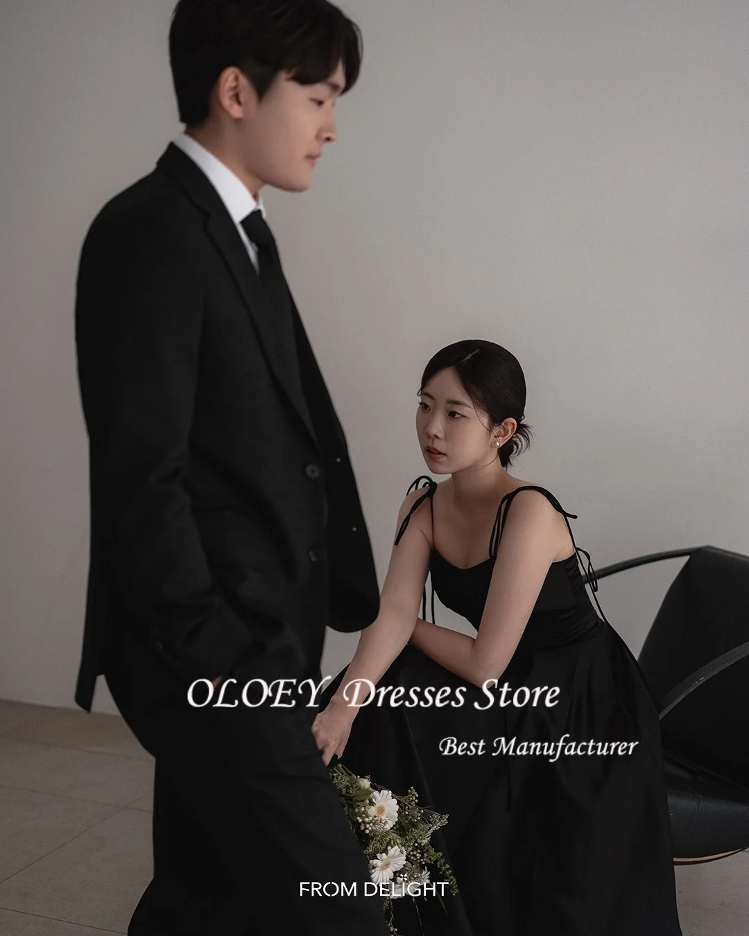 OLOEY Black Korea Wedding Dresses Simple Satin A Line Customized Spaghetti Straps Long Receptions Gowns Photo Shoot 웨딩드레스