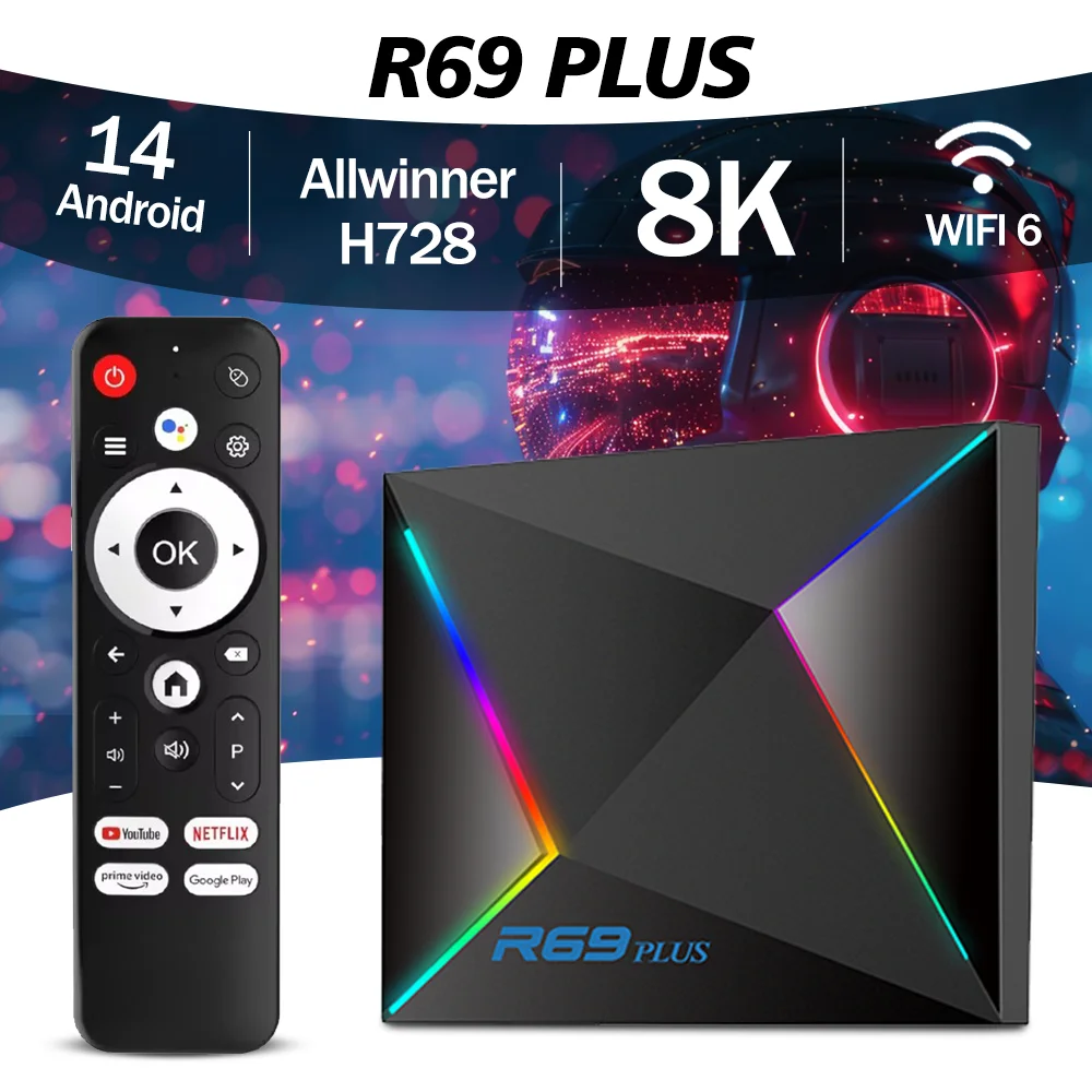 

R69 Plus TV Box Android14 Allwinner H728 Quas Core Chip Wifi6 1000M Lan 2.4G&5G Wifi Smart Set Top Box Home Video Player