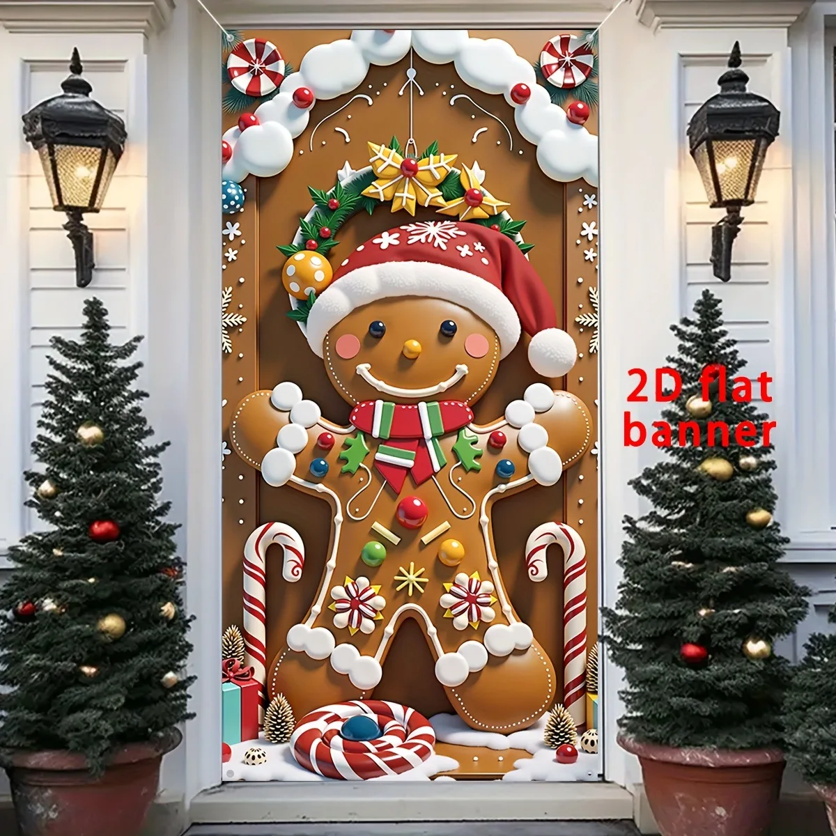 قطعة واحدة من لوحة باب بطابع عيد الميلاد، تصميم رجل الزنجبيل اللطيف مع قبعة سانتا وعصب الحلوى، مثالي لتزيين المنزل في العطلات #3