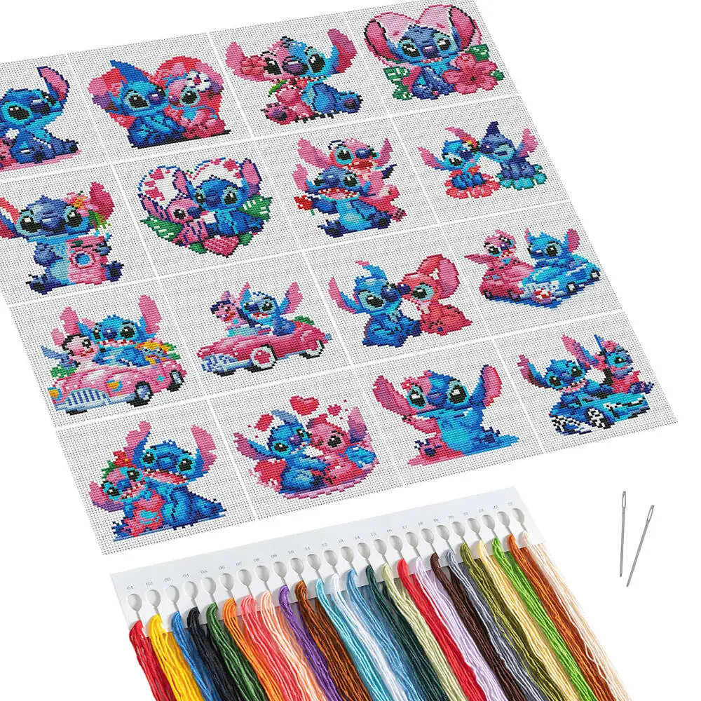 

Disney 16Pcs MINI Embroidery Cartoon Lilo And Stitch Angel 11CT Printed Canvas Set Cross Stitch Kit Heart Valentine's Day Gifts