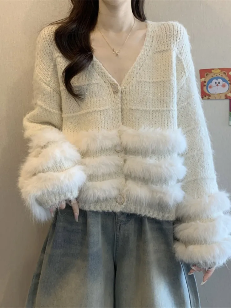 Thiened calor brilhante lantejoulas v-ne camisola de malha casaco feminino inverno outerwear macio e confortável longo sve cardigan