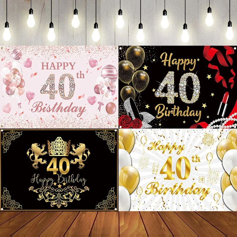 Purple Happy 40th Birthday Photography Backdrop Decor Banner Purple Black Gold Sign Shiny Backdrop Background Anniversary Party