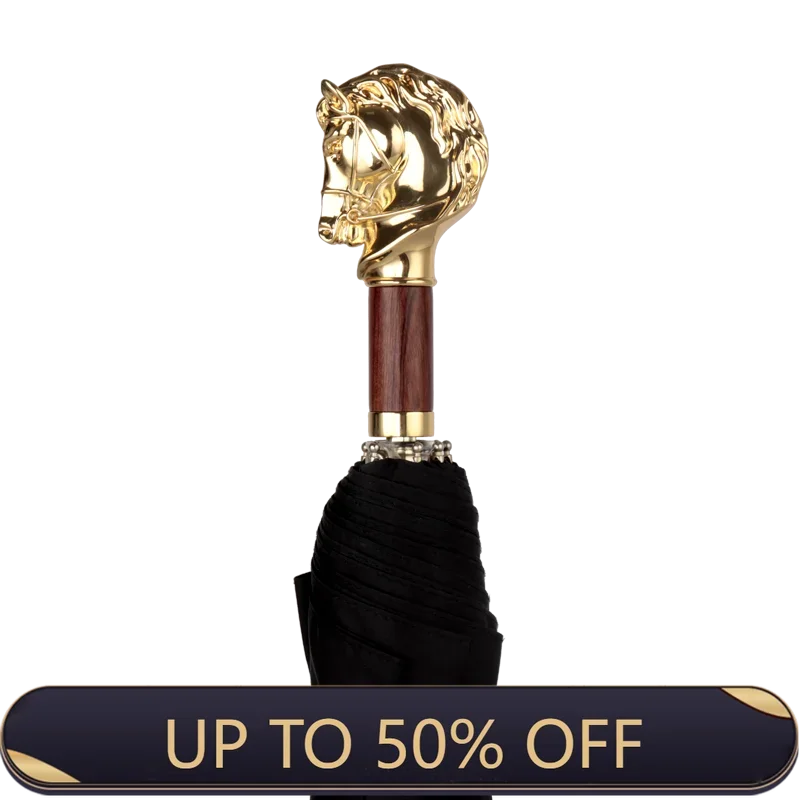Horse Head Folding Umbrella Metal Gold Sun Umbrella Rain Women Men Business Animal Head Retro Rain Umbrellas Ombrello Gift SY417