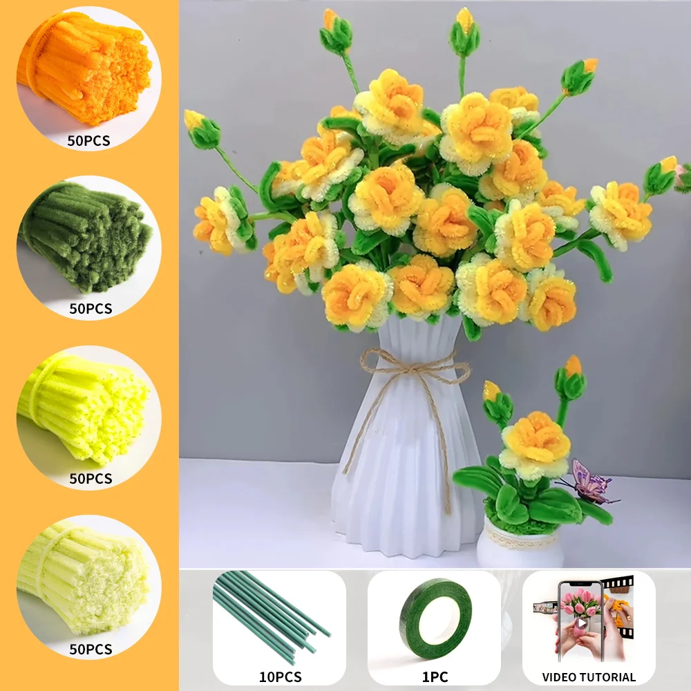 211 Multi-head Rose Pipe Cleaner Set, containing 200 pipe cleaners, 10 flower stems, 1 roll of tape, upgraded DIY crafts set view 3