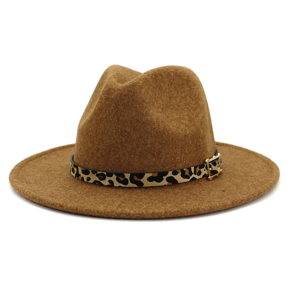 

BUTTERMERE Khaki Wool Fedora Hat for Women Men British Style Vintage Wide Brim Fedoras Felt Hat Jazz Leopard Decorate New Design