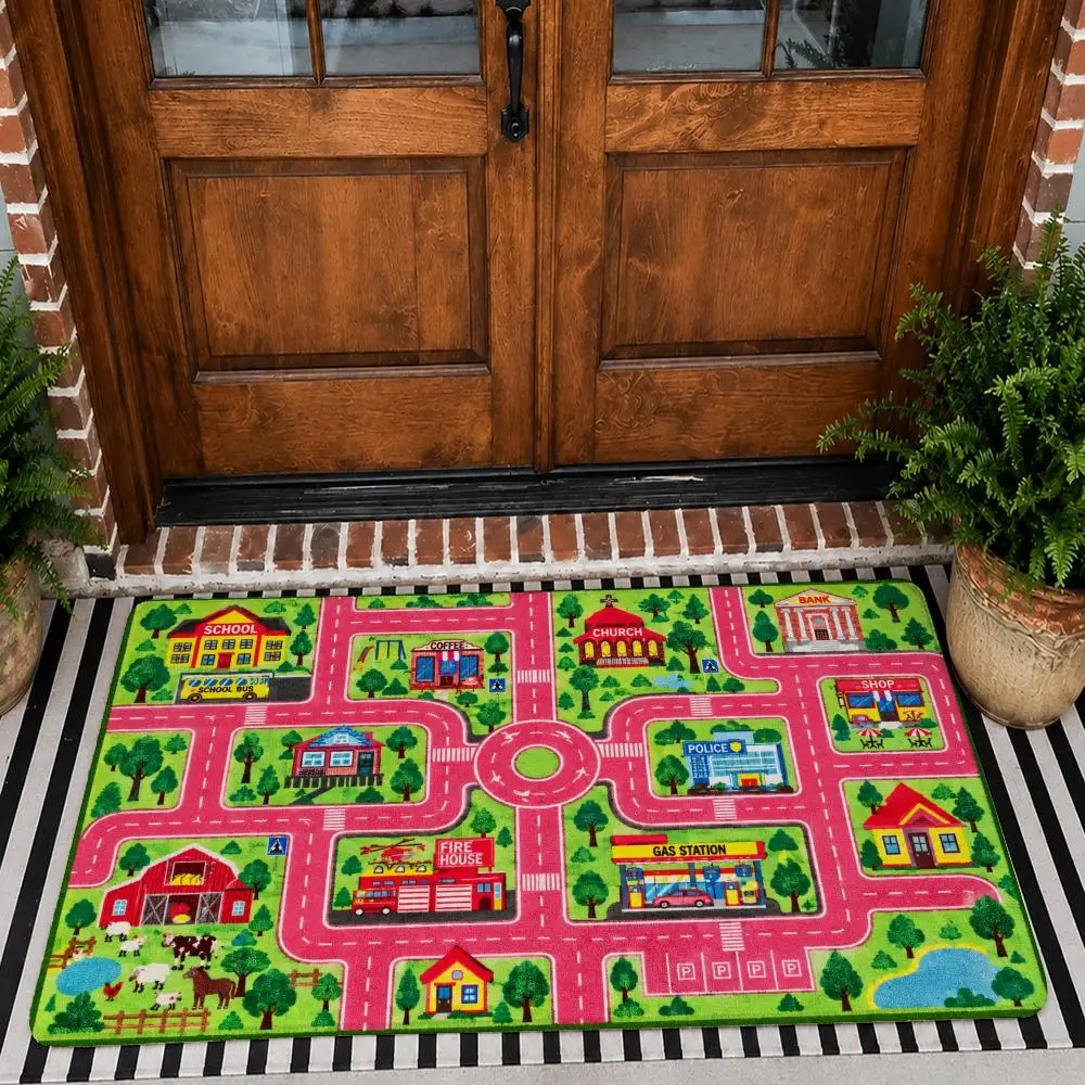 Kids Town Road Map Scene Floor Mat Flannel Rug Non Slip Absorbent Soft Washable For Entryway Hallway Bathroom Kitchen Decor