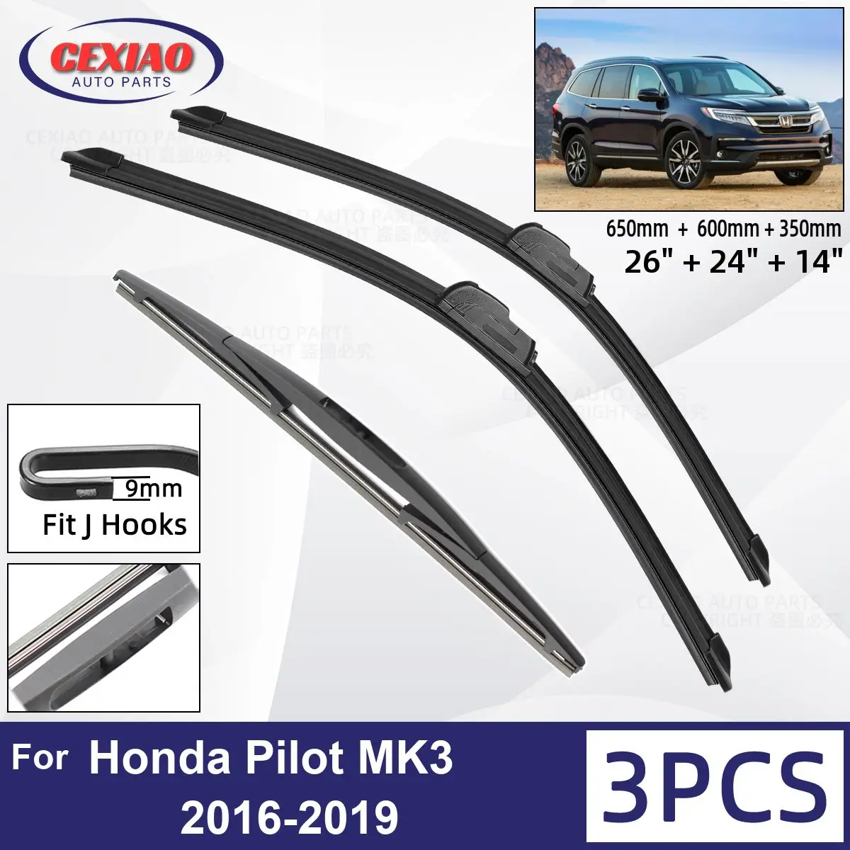 

For Honda Pilot MK3 2016 - 2019 Car Front Rear Wiper Blades Soft Rubber Windscreen Wipers Auto Windshield 26"+24"+14" 2017 2018