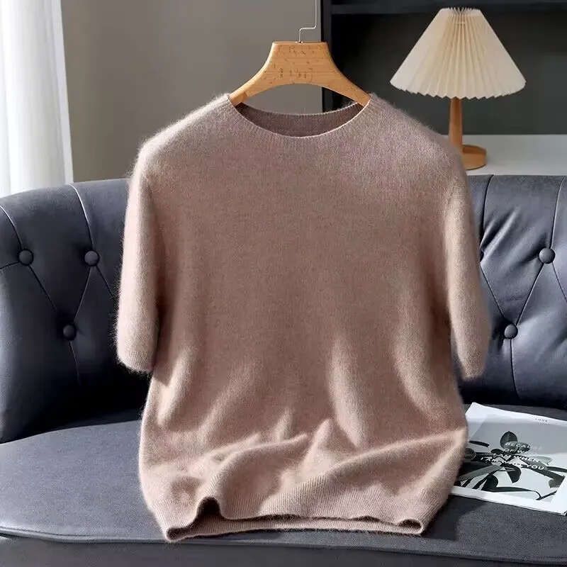 100% Mink Cashmere Knitted Short Sleeved Men's Loose Round Neck Solid Color Half Sleeved Simple T-Shirt Casual Business Cashmere