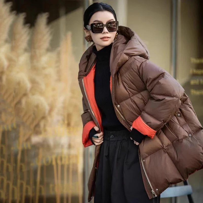 2026 Nieuwe Vrouwen Donsjack Casual Losse Over Size Warme Herfst Winter Uitloper Witte Eendendons Met Kap Mode Moederschap Jas