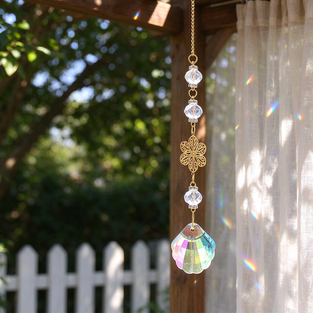 Crystal Seashell Flower Suncatcher Prism Rainbow Maker Window Hanging Chime Gold Chain Aurora Sun Light Catcher Home Decor