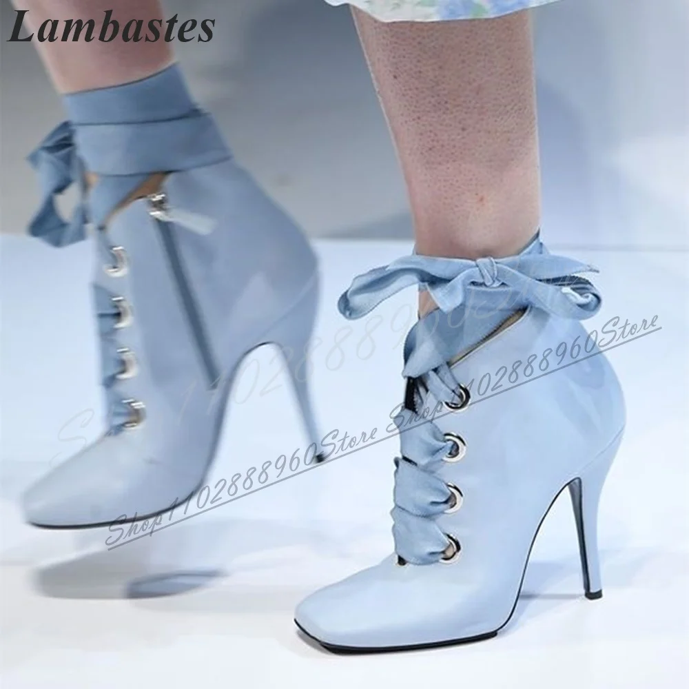 Trendy Light Blue Cross Tied Catwalk Pumps Thin High Heel Shoes For Women Side Zipper Square Toe 2024 Fashion Zapatillas Mujer