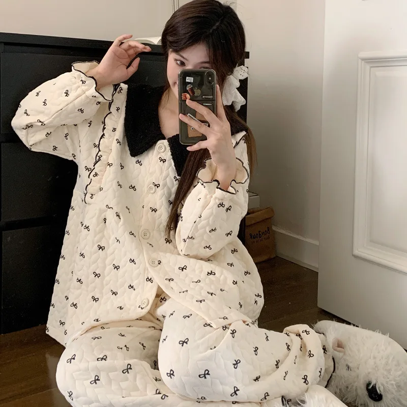 Conjunto de pijamas de algodão puro feminino outono inverno quente mangas compridas pijamas bonito confortável homewear aconchegante loungewear pijamas
