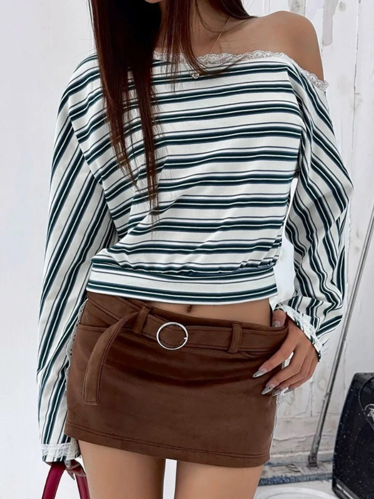 

FDYOUI кружевные лоскутные полосатые футболки, повседневный сексуальный укороченный топ с длинными рукавами Y2K, уличная одежда, осень-зима 2021, женская короткая футболка