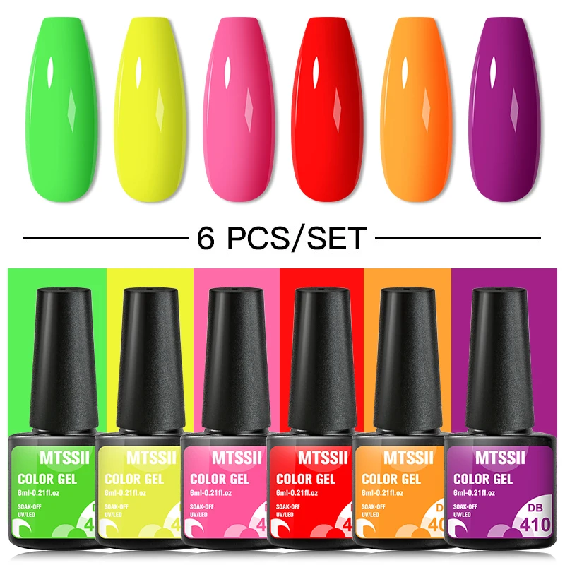 Mtssii 6 Stuks Gel Nagellak Set Neon Heldere Glitter Kleur Serie Gel Vernis Semi Permanente Base Top Coat Uv led Nail Art Gel