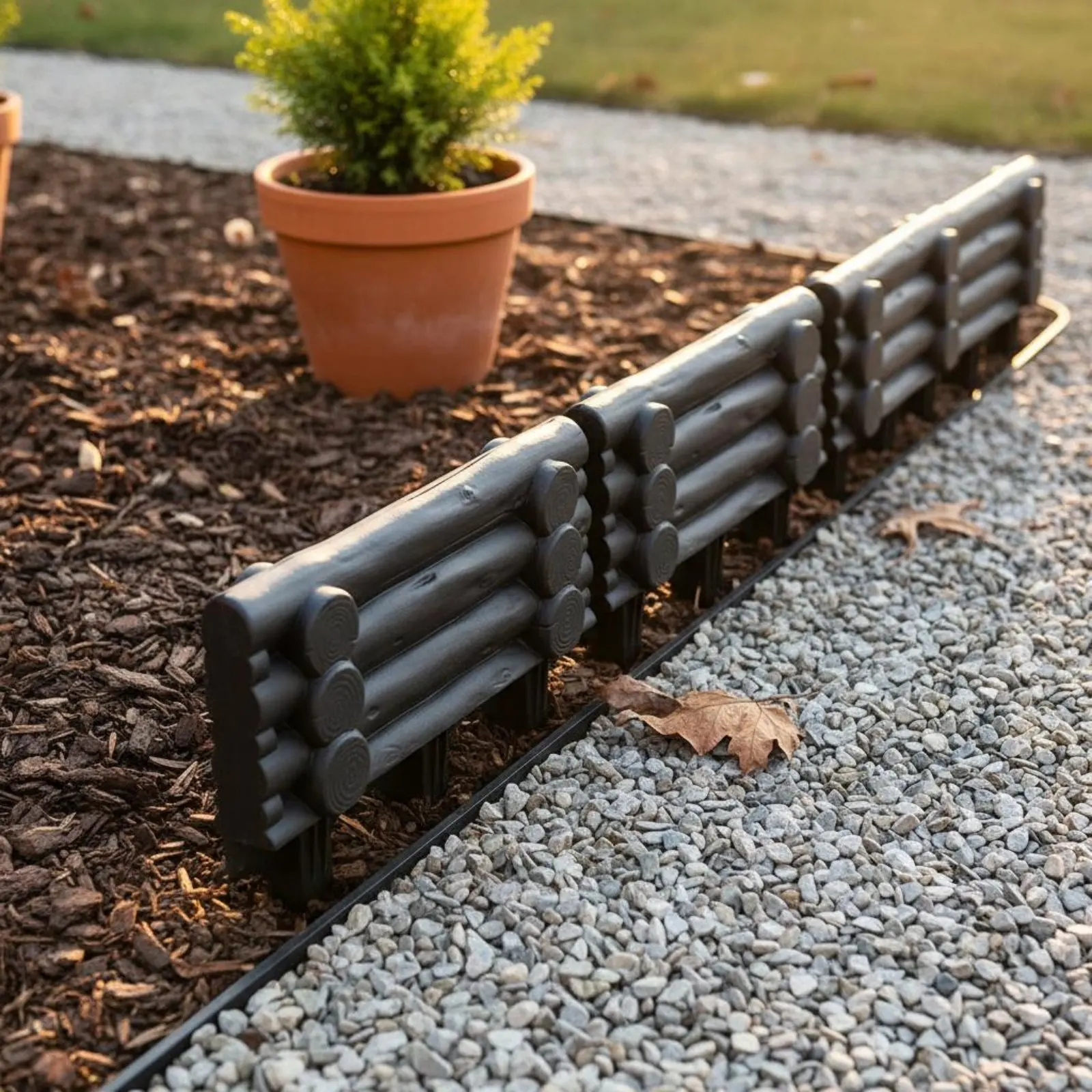 Plastic Garden Fence Easy Assembly Faux Wood Lawn Edging Log Pile Design Garden Edging Weather Resistant for Gardeners, Walkway